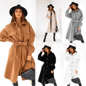 2023 Модное шерстяное пальто с длинными рукавами и V-образным вырезом на пуговицах, Женское осенне-зимнее однотонное Твидовое пальто, Женское шерстяное пальто