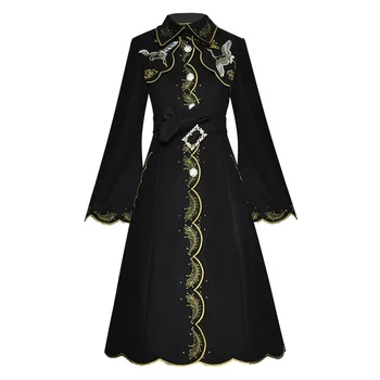 Модная дизайнерская шерстяная ткань, Весенне-осеннее Женское пальто на шнуровке с расклешенными рукавами и золотой вышивкой