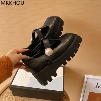 MKKHOU, модные тонкие туфли, женские новые высококачественные туфли из натуральной кожи на платформе, Туфли Мэри Джейнс с квадратным носком, кожаные туфли в стиле ретро