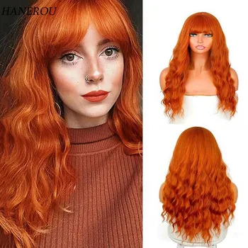 Оранжевые Синтетические Парики, Длинный Волнистый зеленый парик с челкой для женщин, натуральные Волнистые термостойкие волосы для косплея