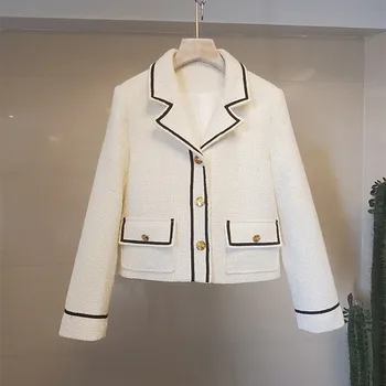 Винтажное Белое Черное пальто в стиле пэчворк, Женское пальто 2023, Осенняя Корейская мода, Элегантная твидовая куртка, Женская зимняя одежда