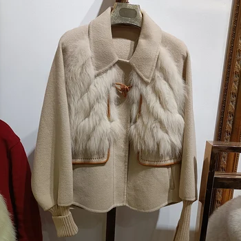 Женское Свободное пальто из натуральной шерсти в полоску из натурального лисьего меха, Модная теплая женская куртка из натурального лисьего меха из смесовой шерсти, верхняя одежда