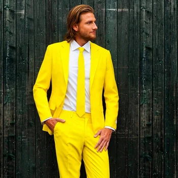Сшитый на заказ Модный костюм для жениха Terno Masculino, 2 предмета, желтые Мужские костюмы для курения с лацканами на одной пуговице (блейзер + брюки)