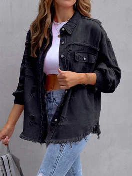 Стильная джинсовая куртка с контрастными отворотами, рваным низом и передними карманами - Женское пальто дальнобойщика на пуговицах с длинным рукавом для