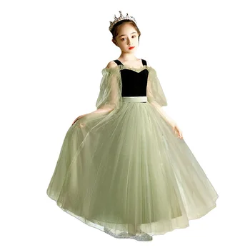 Летнее платье Принцессы Трапециевидной формы длиной до щиколоток цвета шалфея зеленого для девочек, Праздничное платье на День Рождения из Тюля, Карнавальный костюм для девочек от 2 до 14 лет