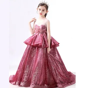 Розовое свадебное платье для девочек с оборками в виде сердца, Длинные бальные платья с перьями и блестками, Платье