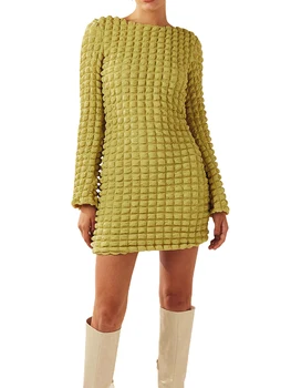 Yiiciovy Женское текстурированное облегающее мини-платье с открытой спиной, длинный рукав, круглый вырез, облегающие вечерние клубные платья (Ginger L)
