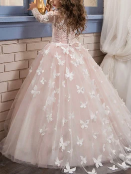 Бальное платье с цветочным узором для девочек, Кружевная аппликация с круглым вырезом и длинным рукавом, платье Принцессы длиной до пола для Первого причастия, детское свадебное торжество