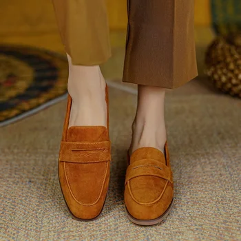 Женская демисезонная обувь на плоской подошве без шнуровки, базовый стиль, детские замшевые лоферы на каждый день, повседневные лоферы в стиле ретро, женские простые туфли с круглым носком