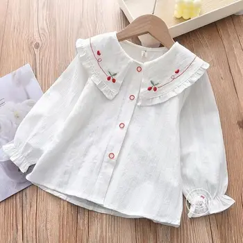 Детская рубашка с отворотом для девочек 2-9 лет, весенне-осенняя детская однотонная хлопковая рубашка в корейском стиле с длинными рукавами, белый топ