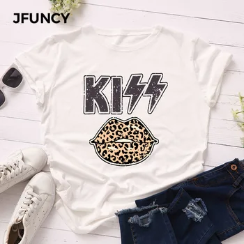 Женская футболка JFUNCY, Новые футболки с принтом KISS, Женские хлопковые футболки с коротким рукавом, топы, Женская летняя футболка