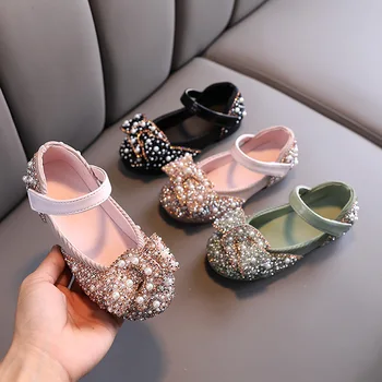 2020 г. Новая детская обувь с жемчужными стразами, блестящие детские туфли Принцессы для маленьких девочек, обувь для вечеринки и свадьбы