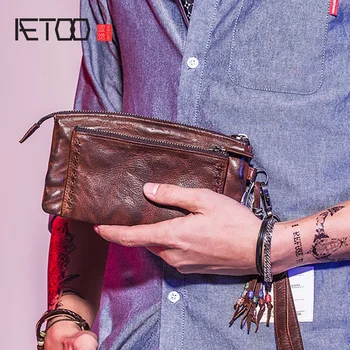 Мужской длинный ретро-кошелек большой емкости AETOO, кожаная мужская многофункциональная сумка для мобильного телефона, модный кошелек ручной работы
