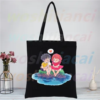 Женская сумка для покупок Ponyo, холщовые сумки-тоут, сумка для покупок с принтом, сумки из черной ткани, экологически чистые