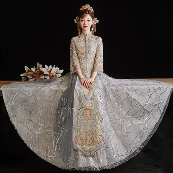 Изысканная вышивка Бисером, Шифоновое Свадебное платье Невесты, Элегантный воротник-стойка, сетка, Китайские женщины, Мужчины, Брак, Чонсам