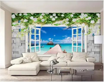 3d фотообои на заказ, фреска на стену, Кирпичная стена, окно, виноградная лоза, роза, вид на море, домашний декор, обои в гостиной