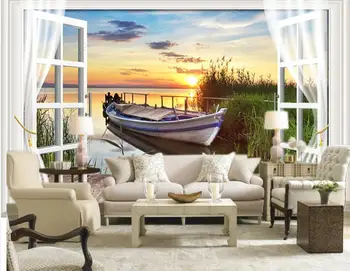 пользовательские настенные обои для стен спальни 3d Красивый закат морской пейзаж лодка домашний декор 3d фотообои в гостиной