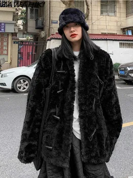 Пушистые теплые куртки, зимние женские толстые пальто на пуговицах, однотонные шерстяные пальто 90-х годов, винтажная женская верхняя одежда с роговой пряжкой
