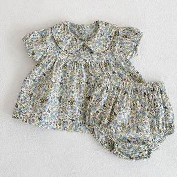 Комплект одежды для новорожденных девочек 0-24 м, Хлопковая рубашка с коротким рукавом и принтом + шорты из полипропилена, Летняя одежда для Новорожденных девочек, костюм
