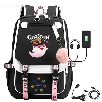 Аниме Genshin Impact Оригинальный Игровой рюкзак с принтом Бога USB Для учащихся средней школы, повседневный школьный рюкзак для мальчиков и девочек