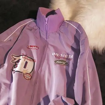 Фиолетовая куртка 2023, Весна-осень, Мужская женская гоночная куртка на молнии с принтом, Свободная опрятная ветровка, Бейсбольная форма, пальто