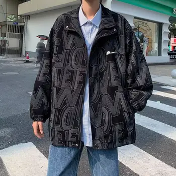 Корейская модная мужская вельветовая куртка на каждый день, Свободные Куртки с отложным воротником на молнии и пуговицах, Дизайнерские куртки с буквенным принтом