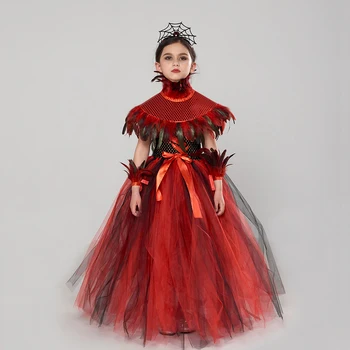 Детский Королевский костюм вампира для девочек, готическая королева, одежда для Хэллоуина, Нарядное платье-пачка с шалью из перьев и блесток