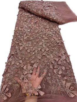 Роскошная коричневая африканская кружевная ткань с тяжелыми бусинами 3D Цветы Тюль Кружевная ткань с вышивкой в нигерийском стиле Французский для вечеринки YY173