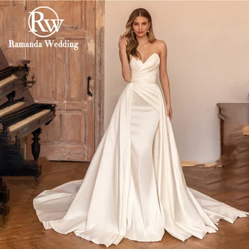 Простые свадебные платья Ramanda со съемным шлейфом трапециевидной формы, без рукавов с V-образным вырезом, со складками, атласные свадебные платья 