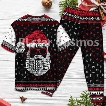 Рождественская пижама в стиле ретро с Санта-Клаусом и викингами, короткий рукав, детская пижама с 3D принтом по всему телу, одежда для косплея