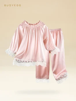 Милая Розовая Детская Домашняя одежда из натурального шелка, Комплект детской пижамы, Детский комплект ночной одежды из натурального шелка, Одежда для отдыха в стиле принцессы для девочек