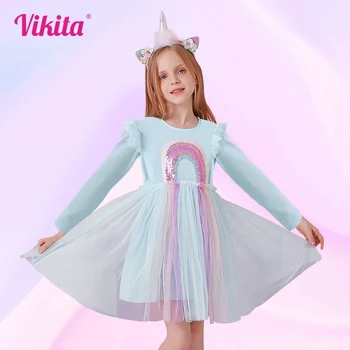 VIKITA/Платье Принцессы с блестками для девочек, Радужное платье для выпускного вечера для детей, Осенние детские платья с длинными рукавами для девочек, Повседневная одежда
