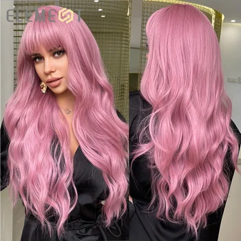 Элемент Из Длинных натуральных Волнистых розовых волос, Парики с челкой для женщин, Синтетические, для Косплея, для Ежедневного использования, Термостойкие