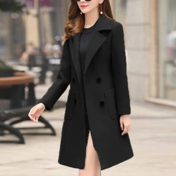 Куртки для женщин 2022, Большие размеры 4XL, Осень-зима, Модное Черное Длинное Тонкое Дизайнерское Роскошное теплое шерстяное пальто, Элегантное Повседневное пальто
