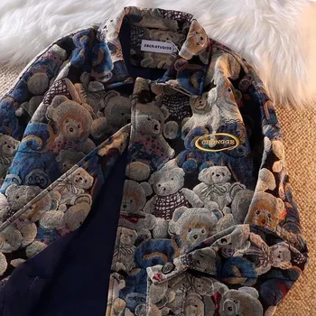 Осенне-зимняя Модная повседневная куртка с лацканами и милым принтом медведя для мужчин и женщин, однобортный пиджак, новинка 2022 года, женская одежда
