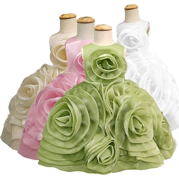 Зеленое платье для Подружек невесты из органзы с розетками на День рождения Длиной до колен, свадебное платье Принцессы для девочек от 1 до 12 лет, розовое