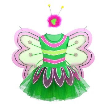 Детское Сетчатое платье с блестящими пайетками и крыльями Феи, комплект для Косплея в стиле аниме для девочек на Хэллоуин, Сценическое представление, костюм Пчелы, Одежда для танцев
