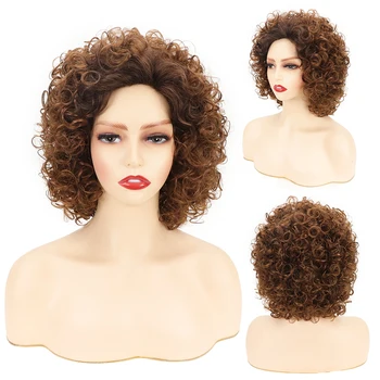 Короткий кудрявый парик для женщин, шерстяной рулон, Синтетический парик из темно-черных или каштановых волос, натурально выглядящий Парик для косплея средней длины