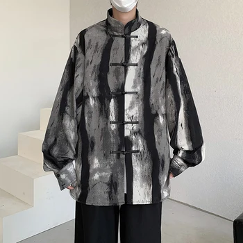 Новый Китайский Стиль, Рубашка с длинными рукавами с чернильной печатью, Мужская одежда в стиле Ретро, Темперамент меньшинства, Дизайн с пряжкой, Свободная Рубашка, Пальто