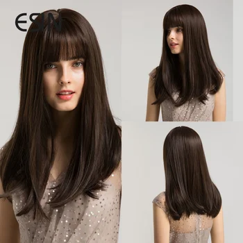 ESIN Синтетический темно-коричневый прямой парик средней длины с челкой, повседневные натуральные парики для женщин из термостойких волос