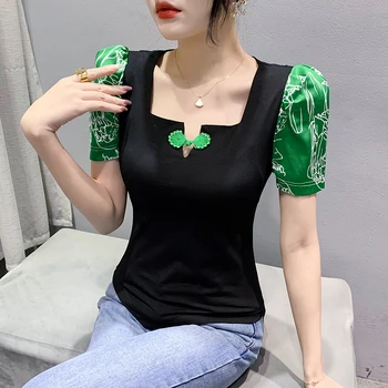 Новинка 2023, Весенне-летняя женская футболка с короткими рукавами, Модные повседневные топы в китайском стиле с принтом в стиле пэчворк, блузы