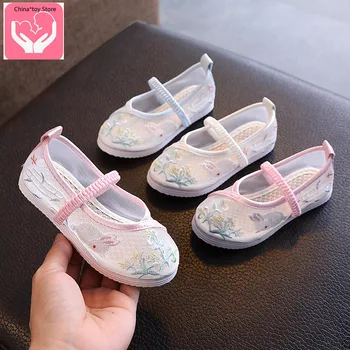 Детская обувь из сетчатого материала Обувь с вышивкой для девочек Обувь Hanfu в китайском стиле Летняя Дышащая обувь из ткани ручной работы Танцевальная обувь