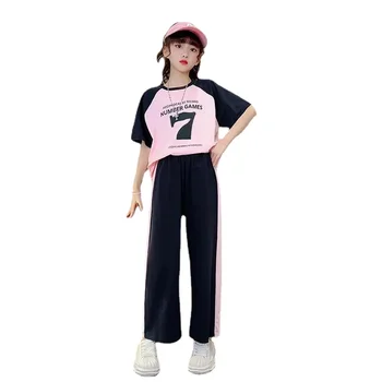 Летний костюм для девочек, Новинка 2023 года, Детская футболка + штаны, Подростковый комплект из двух предметов с короткими рукавами, Свободная одежда Для девочек