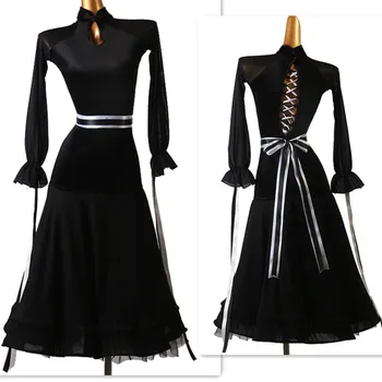 черное стандартное бальное платье длинные платья Женское Сценическое Бальное платье для Вальса бальное платье для соревнований mq281