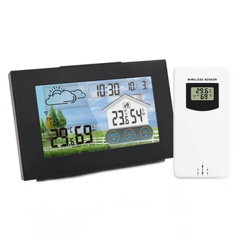 С цветным сенсорным экраном, будильником, беспроводной метеостанцией, прогнозом погоды, внутренним и наружным термометром, гигрометром