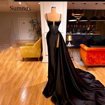 Вечерние платья Sumnus Black Mermaid, Сексуальный Корсет на Бретельках с высоким Разрезом, платье для выпускного Вечера, Плиссированные атласные платья с развернутым Шлейфом