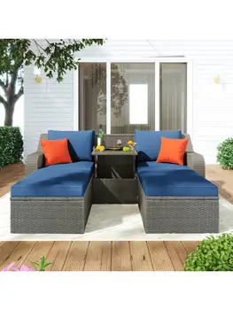 Набор мебели для патио, Плетеный диван для Патио из 3 предметов с Подушками, Пуфиками и Журнальным столиком с Подъемной столешницей