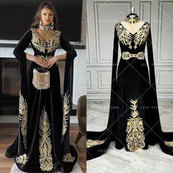 14444 #IENA Марокканский Халат Вечернее Платье С Длинным Рукавом, Кружевной Узор, Вышитое Вечернее Платье, Черное Бархатное Бальное Платье, Комплект