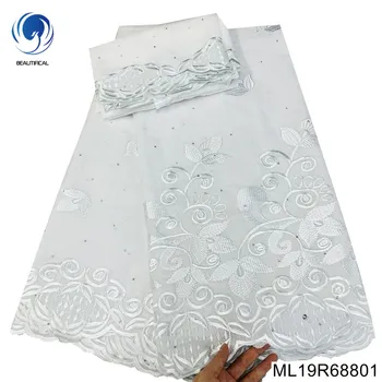 Нигерийская Швейцарская Вуалевая кружевная ткань 100% Хлопок 5 + 2 ярда, Красивый дизайн с вышивкой цветами для вечернего платья ML19R688