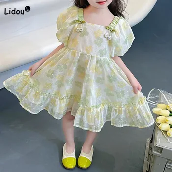 Детская одежда, Детское Платье Принцессы Трапециевидной формы с Квадратным Воротником и Цветочным принтом 